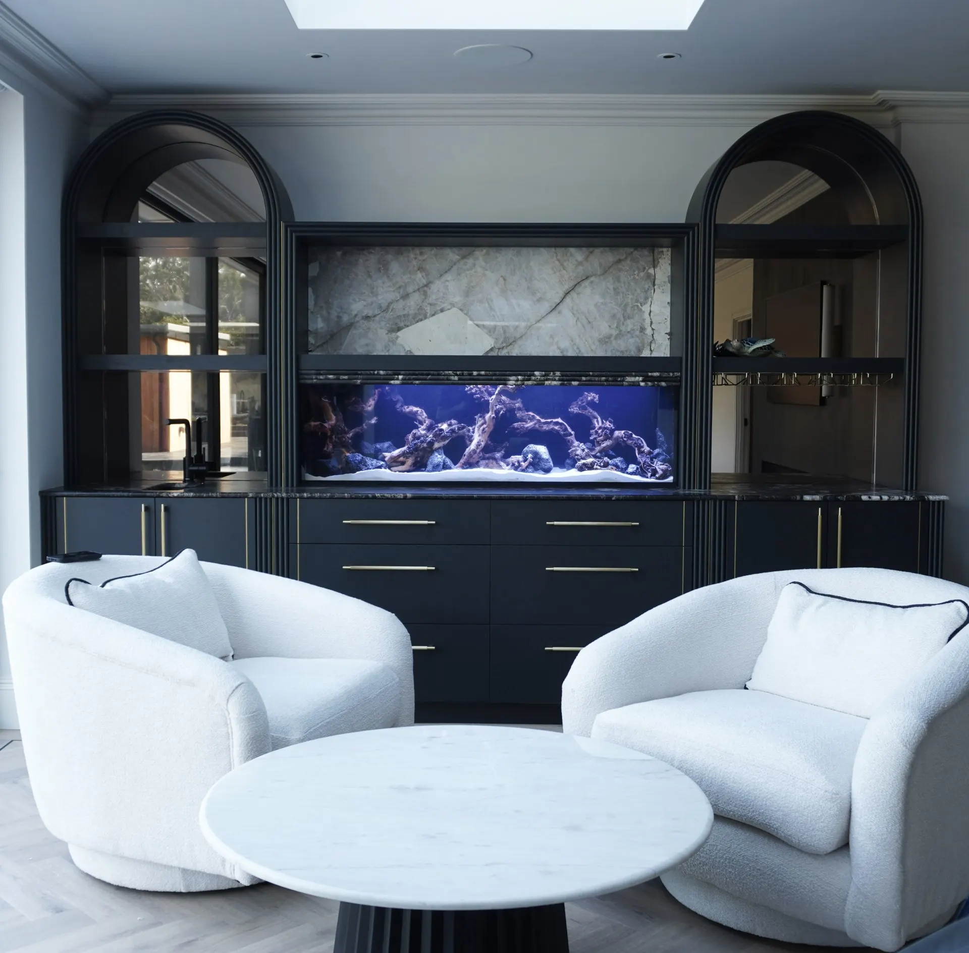Freshwater Custom Aquariums Built Into a media wall